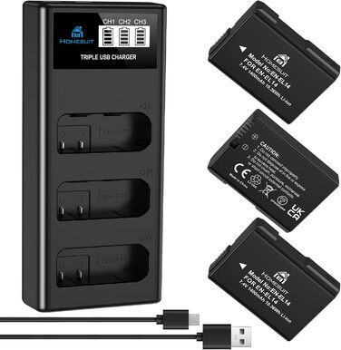 Акумулятор EN-EL14 1300mAh та USB LED зарядний пристрій для Nikon D3100, D3200, D3300, D3500, D5100, D5200, D5300, D5500, D5600, Coolpix P7000, P7100, P7200, P7700, P7800 (2 шт.)