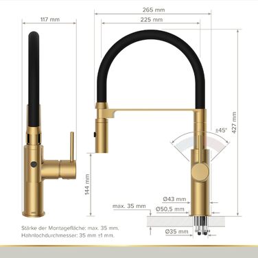 Кухонний змішувач Lenz NALU - матовий золотий, гнучкий вилив, 2 режими, економія води, антифрегат, монтаж зверху, артикул 46070422