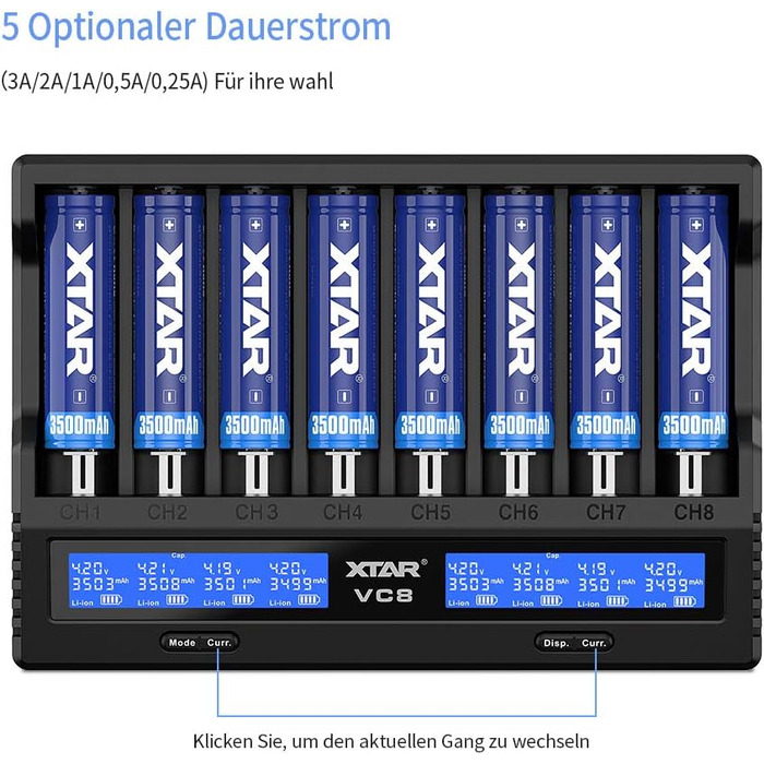 Зарядний пристрій Xtar VC8 для акумуляторів 18650/21700 з LCD-дисплеєм та тестуванням ємності, сумісний з 10440, 16340, 17670, 26650, AA, NI-MH