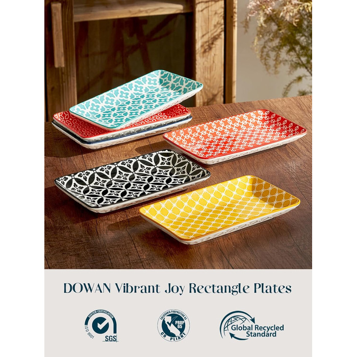 DOWAN Сервірна таця 6-ти місна - Bone China, прямокутна, 20.5 см - для закусок, суші, фруктів, салату, десерту. Можливе використання в мікрохвильовій печі, духовці, миєвій машині. Багатобарвна