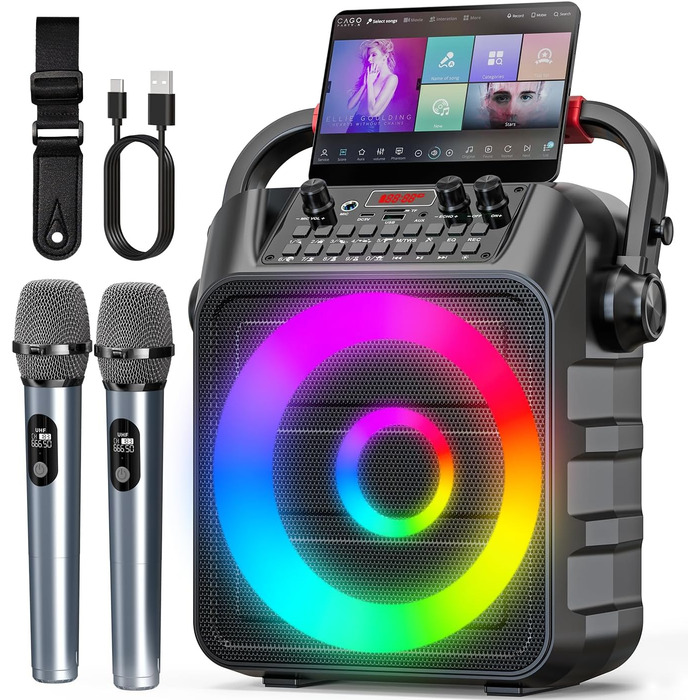 Портативна караоке-машина з 2 мікрофонами та LED-підсвіткою, Bluetooth, AUX, USB, TF, TWS, для вечірок та подарунків (дорослим та дітям)
