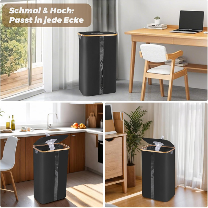 Laundry basket with 2 compartments, deposit bottle collection container with lid, container for deposit bottles & glass recycling & paper waste, deposit bottle container bamboo with bag, must-have (Black - visualization, 100L)