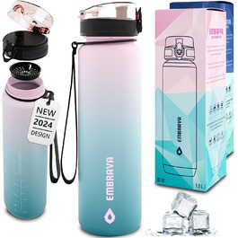 Embrava Best Sport Water Bottle - 1000ml - fast-flowing, flip-top leak-proof lid that opens with a click - non-toxic, BPA-free & eco-friendly Copolyester-Tritan plastic (Blossom Breeze)