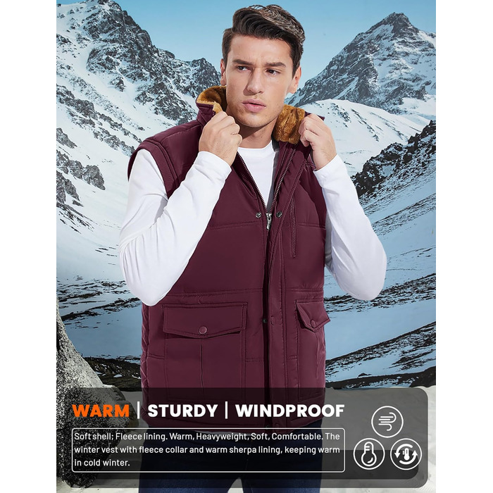 Чоловіча зимова куртка MAGCOMEN з підкладкою з флісу, тепла, з багатьма кишенями (XL, бордовий)