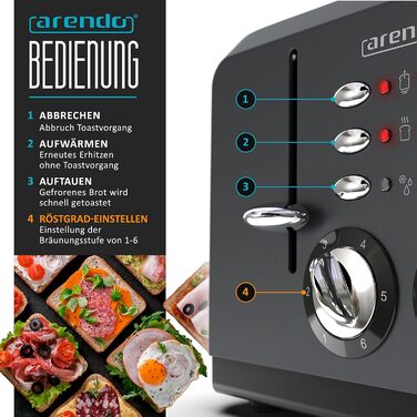 Arendo - Automatic 4-Slice Toaster in Stainless Steel, toasting up to four sandwiches and toast slices, browning level 1-6, warming and defrost function, crumb tray, 1630 W, GS certified A: Cool Grey