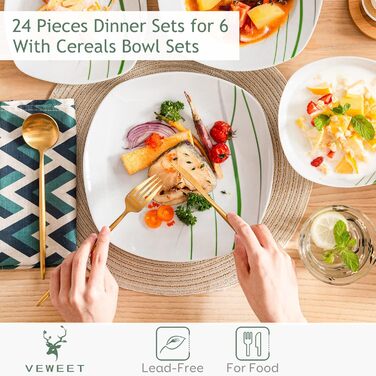 VEWEET Сервіз столовий 'Aviva' з порцеляни, 60 предметів | Комплектний сервіз для 4-12 осіб (24 предм.) | Тарілки, супові тарілки, десертні тарілки, чашки та блюця