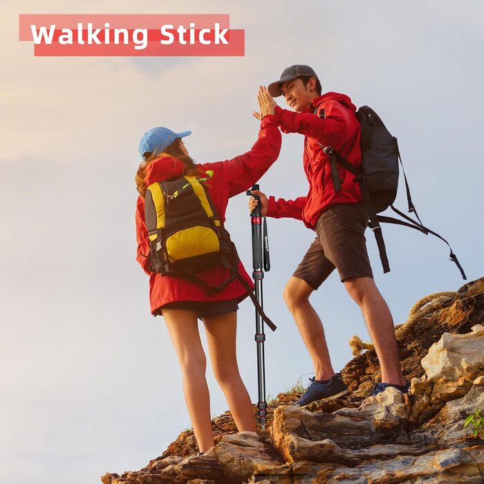 Монопод для камери Manbily 36mm, 6 секцій, 44-174см, з алюмінію, з ручкою-гніллом, до 18кг, з кріпленням для телефону, червоний