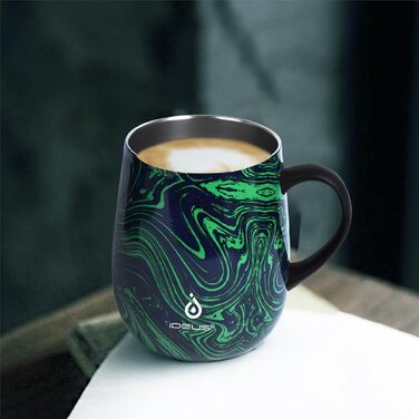 Кружка для кави та чаю Ideus 470 мл з подвійними стінками, нержавіюча сталь, з неслизьким ручним тримачем та кришкою-відкидником, великий об'єм (Трав'яний зелений)