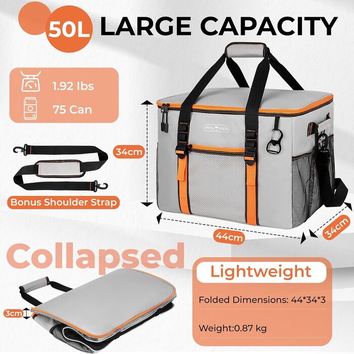 Сумка-холодильник INSMEER 50 л, 80 банок, сіра - для пікніка, кемпінгу, пляжу