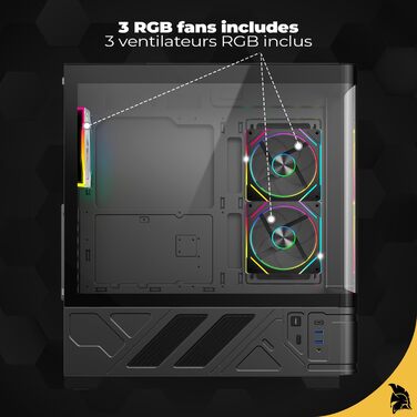 Корпус для ПК Empire Gaming ECM252 Mid Tower з цифровим дисплеєм (температура CPU/GPU, RPM) - 3 ARGB вентилятори - ATX/Micro-ATX/ITX - USB C (Чорний)