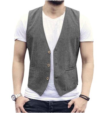 Чоловічий жилет льон Soer Regular Fit (L, Сірий) для костюма та повсякденного одягу