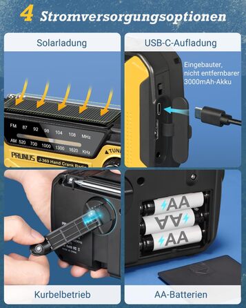Радіо PRUNUS J-369: FM/AM, сонячне, з ручним заводом, Power Bank 3000mAh, SOS, ліхтарик для кемпінгу та надзвичайних ситуацій [Зелене] (Чорний та жовтий)