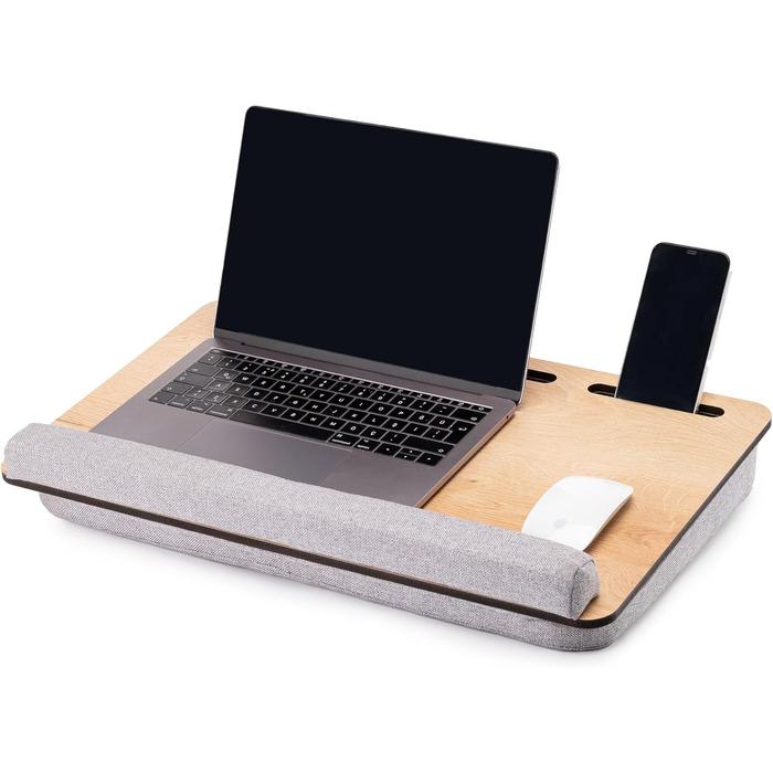Стіл для ноутбука Vigo Wood - підставка для ноутбука до 17,3 дюймів - килимок-табличка для комфортної роботи в ліжку або на дивані - екологічний столик на колінах для home office (Cambridge & Braun) (Дуб & Сірий)