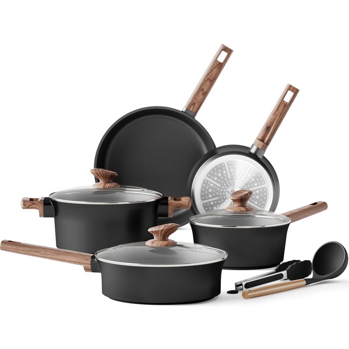 Набір кухонного посуду Kitchen Academy з антипригарним покриттям для індукції, 10 предметів: каструлі та сковороди з керамічним покриттям та скляними кришками