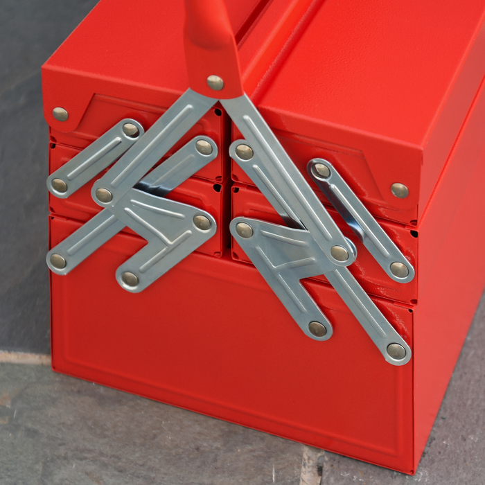 DURHAND Tool Case Space-Saving 5 Compartments Folding Stable Steel SPCC Red 45x22.5x34.5cm for Organization & Transport
