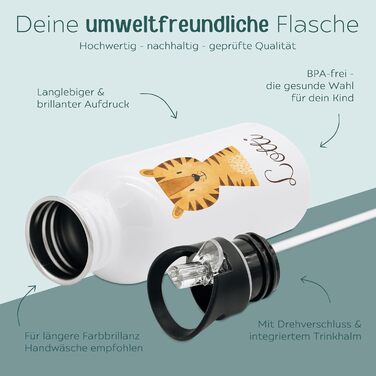 Дитяча термопляшка з нержавіючої сталі з іменем Wunderwunsch® - 500 мл, з трубочкою, персоналізований подарунок для дитини (Тигр)