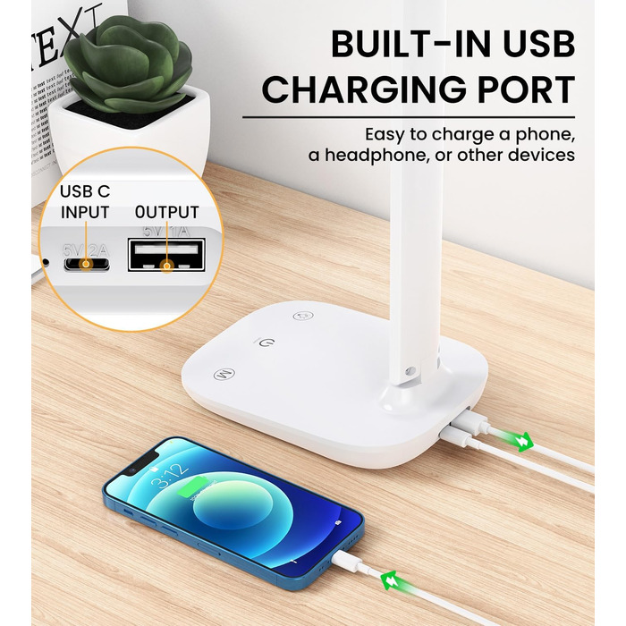 LED лампа настільна диммерна з 5 кольорами, регулювання яскравості 15%-100%, захист очей, USB-зарядка, таймер, сенсорне керування, для дітей, спальні, читання, офісу