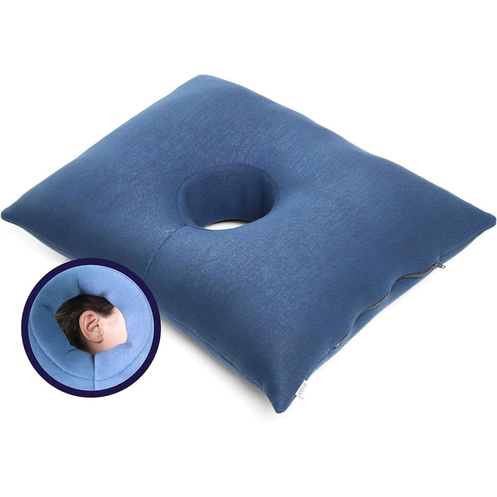 KMINA - Pillow with Ear Hole, Piercing Ear Pillow, Donut for Ear Piercing Reusable, Sleeping, Chondrodermatitis Blue - Made in Europe