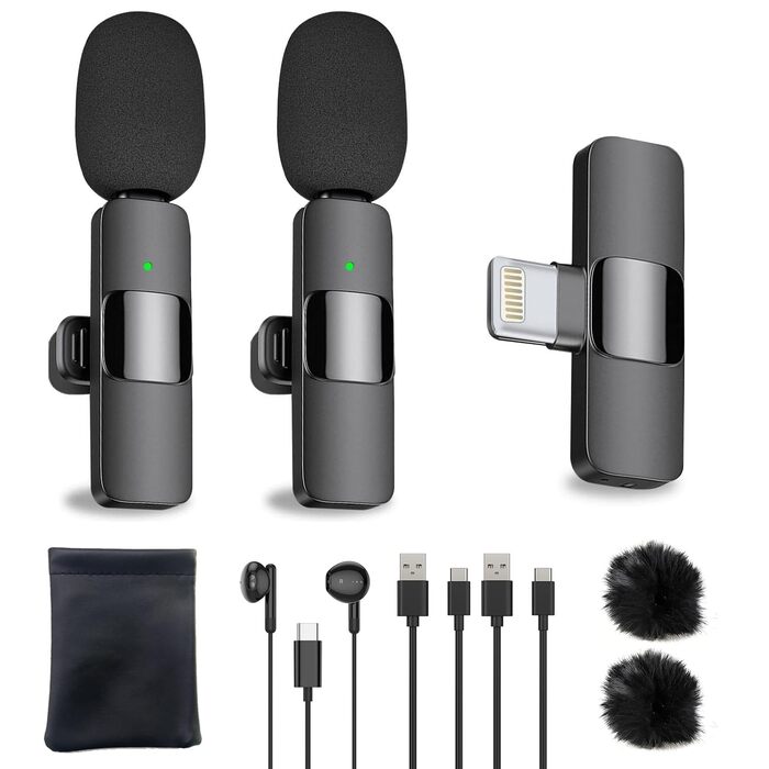 USB-C Бездротовий петличний мікрофон 2-в-1 для iPhone, з шумозаглушенням KI, міні мікрофон для Vlogging, відео, подкастів, інтерв'ю, TikTok, YouTube запису - Чорний (2 TX + 1 RX) (для Lightning (2 Mic))