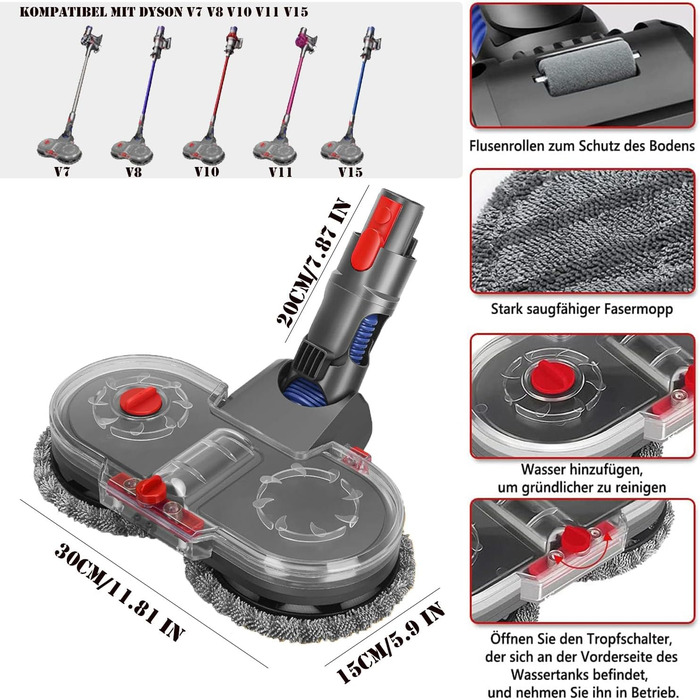 Електрична насадка для пилососів Dyson V15, V11, V10, V8, V7 - з баком для води та 6 змінних мікрофібрами