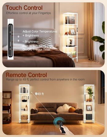 Стельова лампа з поличкою, LED, регулювання яскравості, 3 колірні температури, сенсорне управління та пульт, полиця для книг, дерев'яна, сучасний дизайн для вітальні, спальні, офісу (білий)