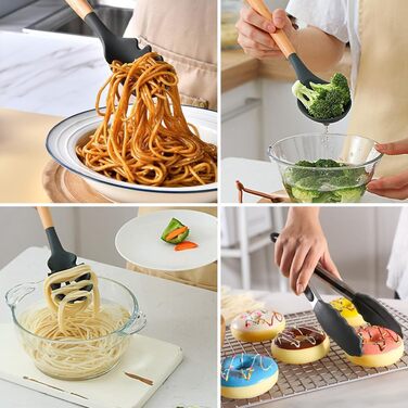 Набір кухонних аксесуарів 12 шт. з силікону з дерев'яними ручками, термостійкий антипригарний набір посуду: щипці, лопатки, ложки. Бежевий колір