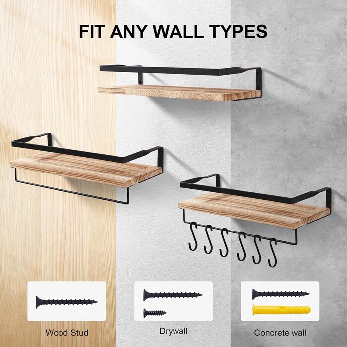 Настінна полиця AGM Wandregal 2 шт. з тримачем для рушників, світло-коричнева, для ванної, кухні, вітальні, офісу, спальні