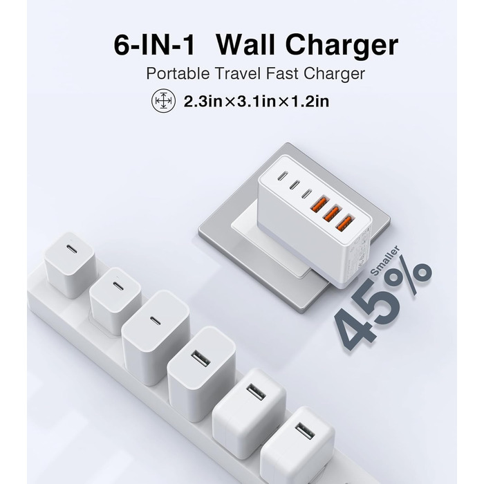 Зарядний пристрій USB-C 120W з USB-A (4 порти) PD3.0 для MacBook Air, iPhone 17/16/15/14 Pro/Pro Max, Samsung та інших пристроїв – білий