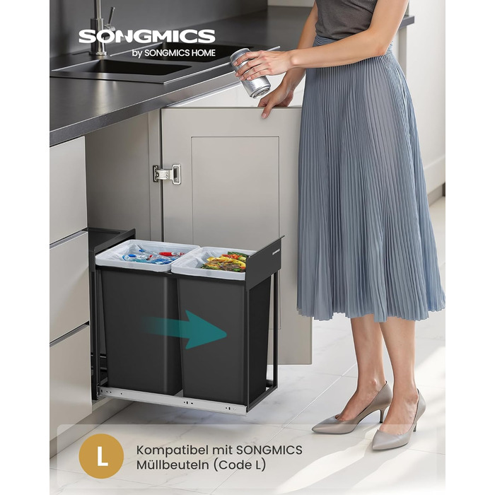 Відро для сміття SONGMICS 2 x 15 л з роздільними відсіками для нижньої шафи, сталевий каркас, ABS-кришка, чорний колір, LTB950B01