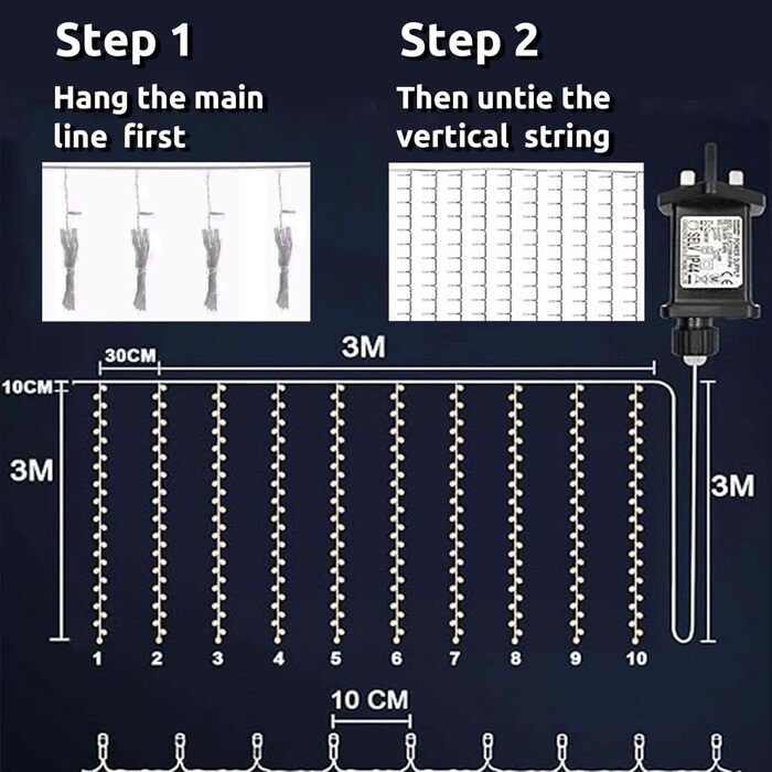 Льодогенератор Joycome 3м x 3м з 300 LED, 8 режимів, вологостійкий, для дому, балкона, вечірки, шматку, теплий білий