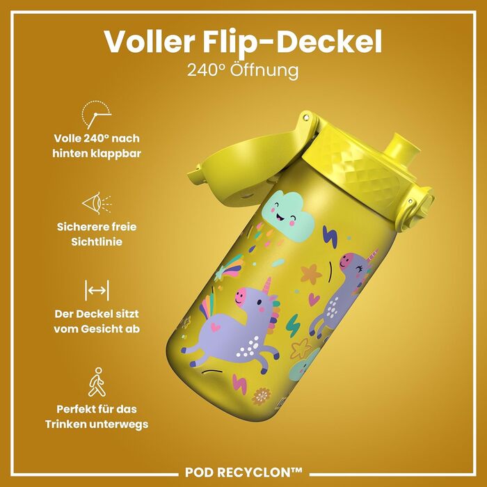 ion8 Insulated Stainless Steel Drinking Bottle 320 ml Leak-Proof One-Handed Opening Secure Locking Dishwasher-Safe Flip-Top Lid Carrying Handle Easy to Clean, Durable, Unicorn (Evo, Recyclon, Yellow)