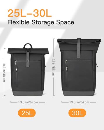 Рюкзак Inateck RollTop 25-30 л чорний, для чоловіків і жінок, міський, велосипедний, шкільний, для університету, роботи, спорту та подорожей, з відділенням для ноутбука 17