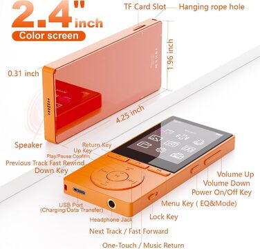 MP3 плеєр 64GB Bluetooth 5.3 з динаміком, HiFi звук, диктофон, E-book, підтримка TF карти 128GB (Помаранчевий)