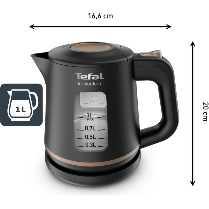 Електричний чайник Tefal Includeo KI5338, 1 л, 2400 Вт, чорний