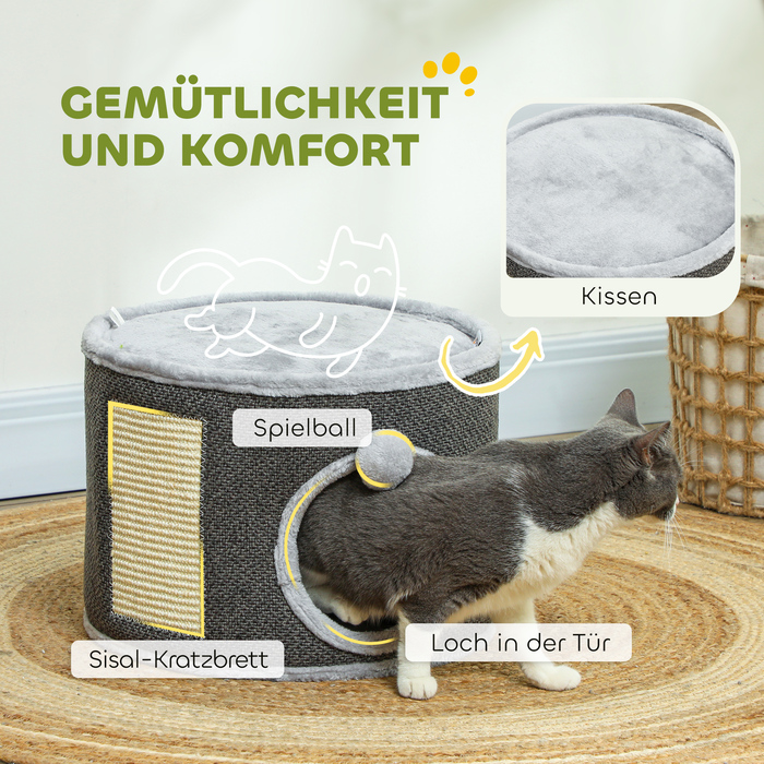 PawHut Драбина для котів, 30 см у висоту, котяча драбина з печерою, котячий штовхач, котяча вежа з сизалю, для котів вагою до 5 кг, темно-сірий | Aosom
