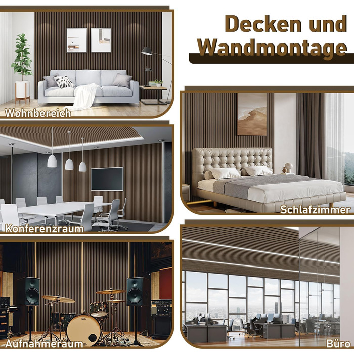 Акустичні панелі з дерева та фетру 120x60 см, набір 4 шт (2,88 м²), звукопоглинаюча стінова облицовка для покращення акустики приміщення, колір Чорний горіх