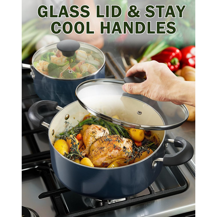 Набір посуду Cook N Home 10 предметів: каструлі та сковороди з антипригарним покриттям, кераміка, блакитний