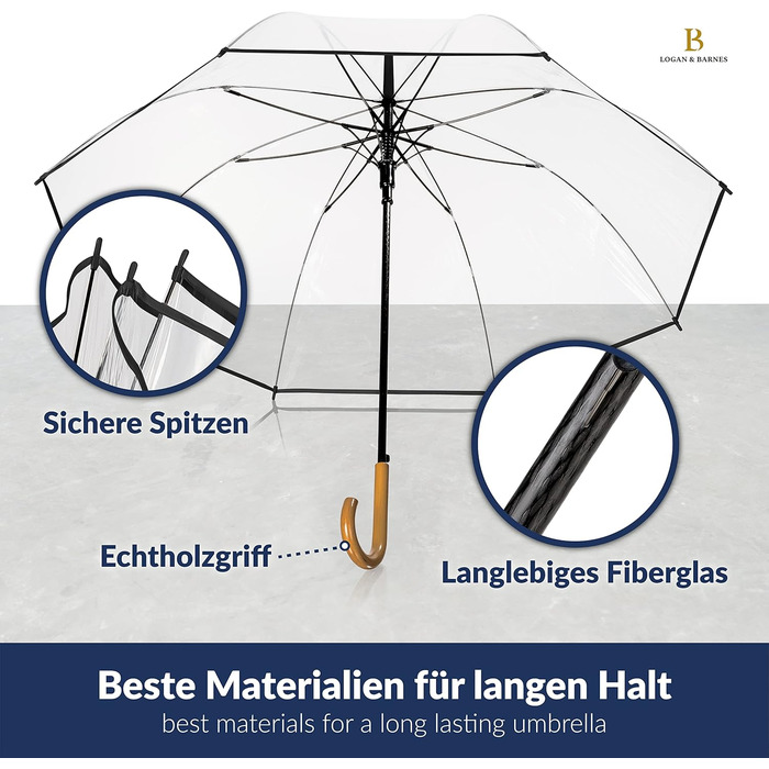 Logan & Barnes Transparent Wedding Umbrella with Real Wood Handle - 120cm Large Umbrella for 2 People - Cardiff XL Model - 120cm Transparent Umbrella with Black Trim