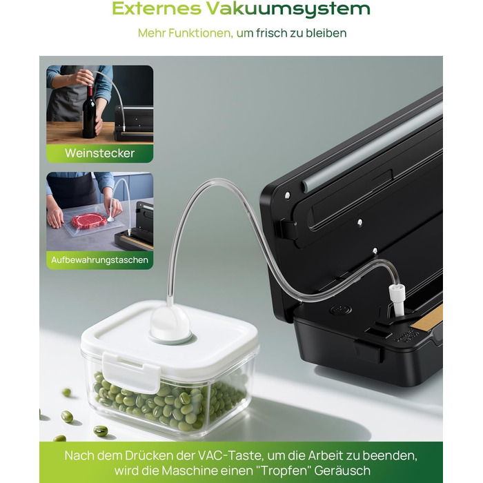 Вакуумний пакувальник 5-в-1 для продуктів харчування: сухий/вологий режим, зберігає свіжість до 7 разів довше, 70 кПа, вбудований різак, шланг, 10 пакетів