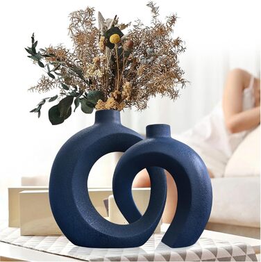 White Ceramic Donut Vase Set - Pampas & Dried Flower Decor - Modern Boho Aesthetic Home Decor