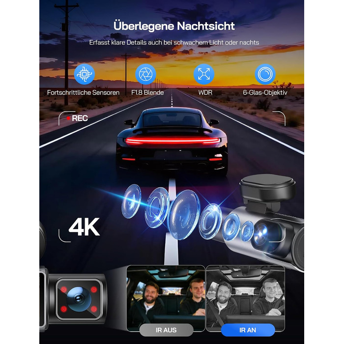 Автомобільний відеореєстратор WOLFANG 4K 3-канальний (передній, задній та салонний), Wi-Fi Dash Cam