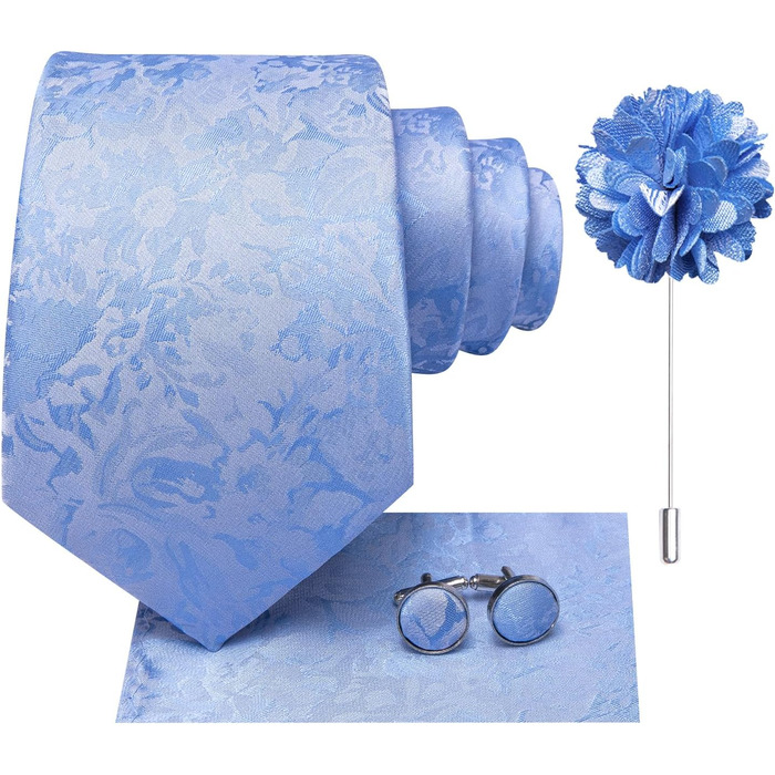 Шовковий краватковий комплект Hi-Tie: краватка, нагрудна хустинка, запонки, латунний значок. Ідеально для весілля та ділових зустрічей (Babyblau A)