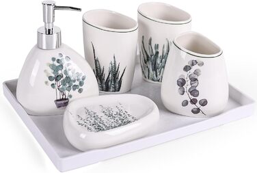 Bathroom Accessories Set, Gold Marble Look, Modern 6-Piece Bathroom Accessories Set, complete with soap dispenser, toothbrush holder, cup, tray, and countertop (Vegetal)