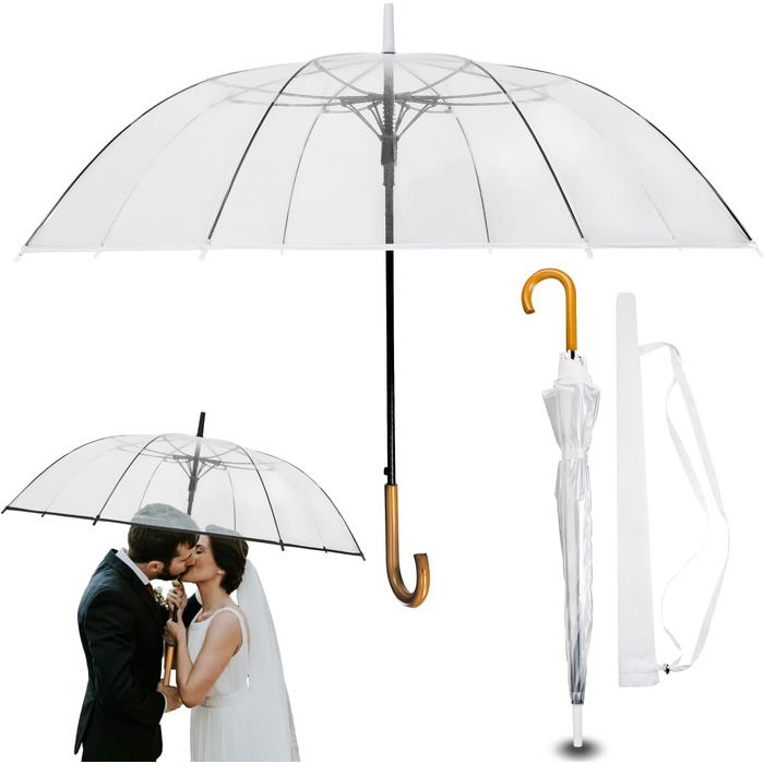 Logan & Barnes Transparent Wedding Umbrella - 120cm Diameter with Real Wood Handle - Elegant Large Umbrella for 2 People - Cardiff Model (XL, Transparent with White Trim)