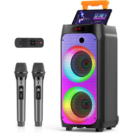 Караоке система JYX з 2 бездротовими мікрофонами, великий гучномовець, Bluetooth, колеса, диско-світло, сабвуфер, PA система, підтримка TWS/USB/SD/AUX/Rec, багатобарвна