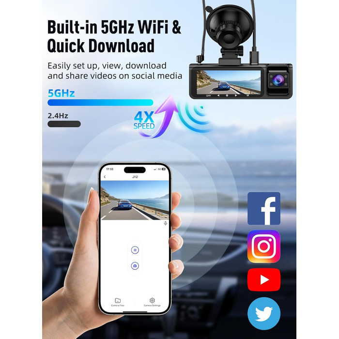 Автомобільний відеореєстратор 3-в-1 (передній, внутрішній та задній), 4K+1080P+1080P, 5GHz WiFi, IPS екран 3.16