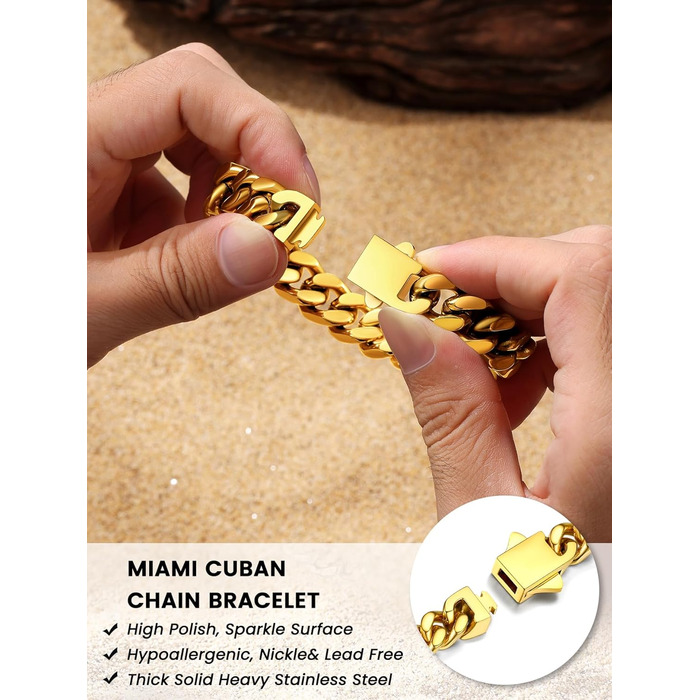 Чоловіча ланцюжок-браслет Bestyle з нержавіючої сталі, 5/7/9/12.5 мм, 19/21/23 см, стилі Miami, з подарунковою коробкою