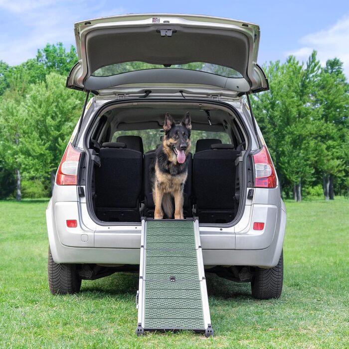 Трампліна для собак у машину, складана, стабільна, до 90 кг, для SUV та легкових авто, телескопічна алюмінієва, зелена, з кліпсою