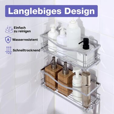 Кінкмакс Поличка для душу без свердління з нержавіючої сталі, самоклеюча, з гачками для ванної кімнати (срібна) – хвиляста, срібна (2 шт.)