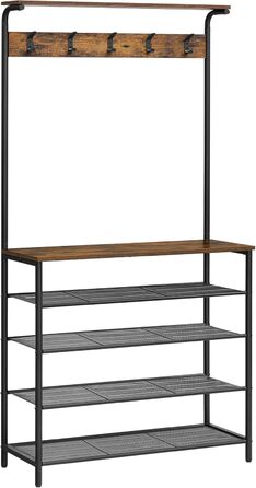 VASAGLE Coat Rack, Clothes Rack, Shoe Shelf, Coat Stand with 5 Double Hooks, 5 Levels, One Shelf on Top, for Apartments, Bedrooms, Hallways, Industrial Design, Vintage Brown-Black HSR408B01